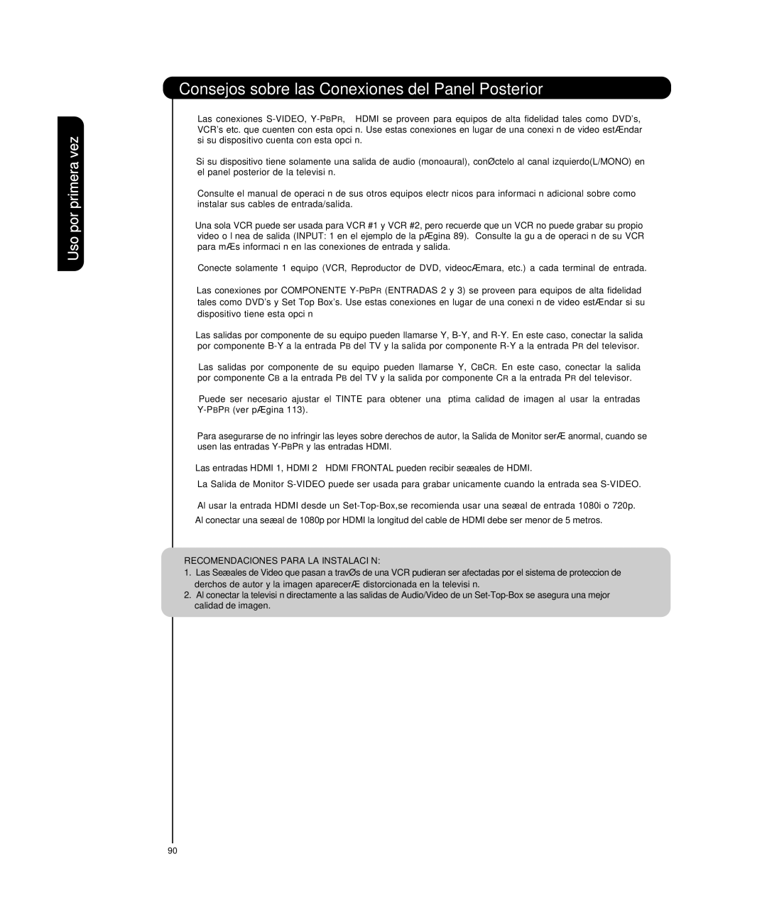 Hitachi P50T501, P55T551 manual Consejos sobre las Conexiones del Panel Posterior, Recomendaciones Para LA Instalación 