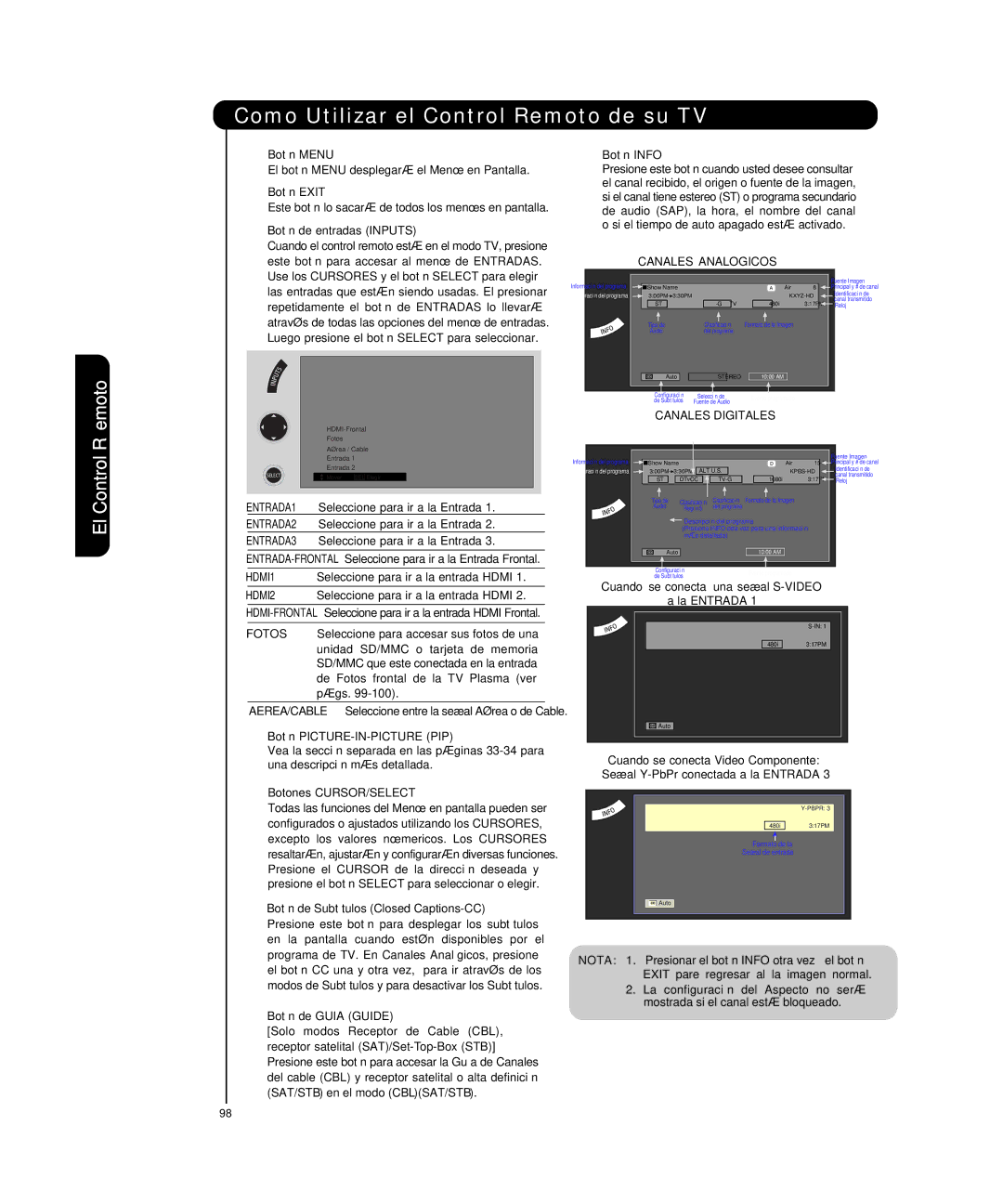Hitachi P50T501, P55T551 manual Remoto, El Control, Canales Analogicos, Canales Digitales 