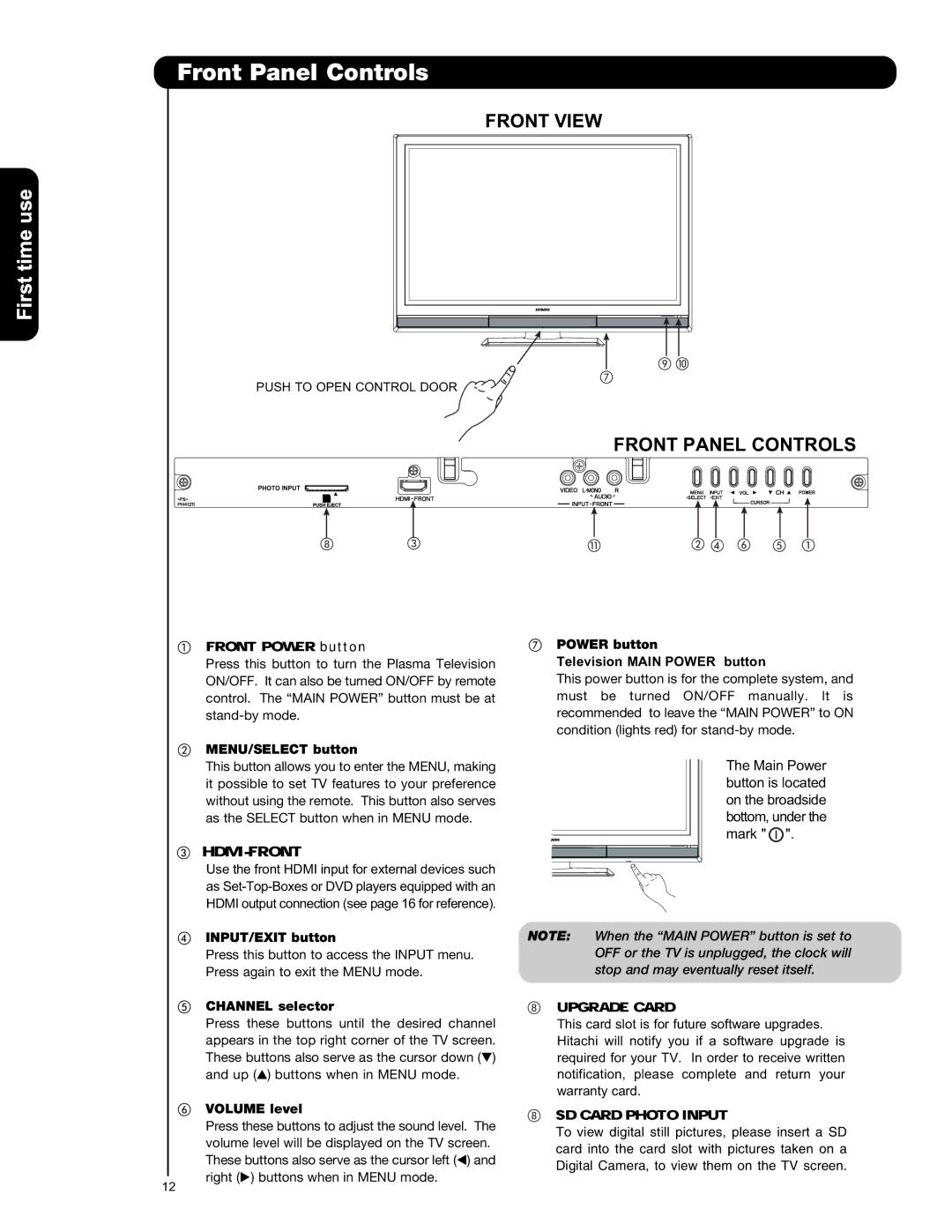 Hitachi P50V701 important safety instructions Front Panel Controls 