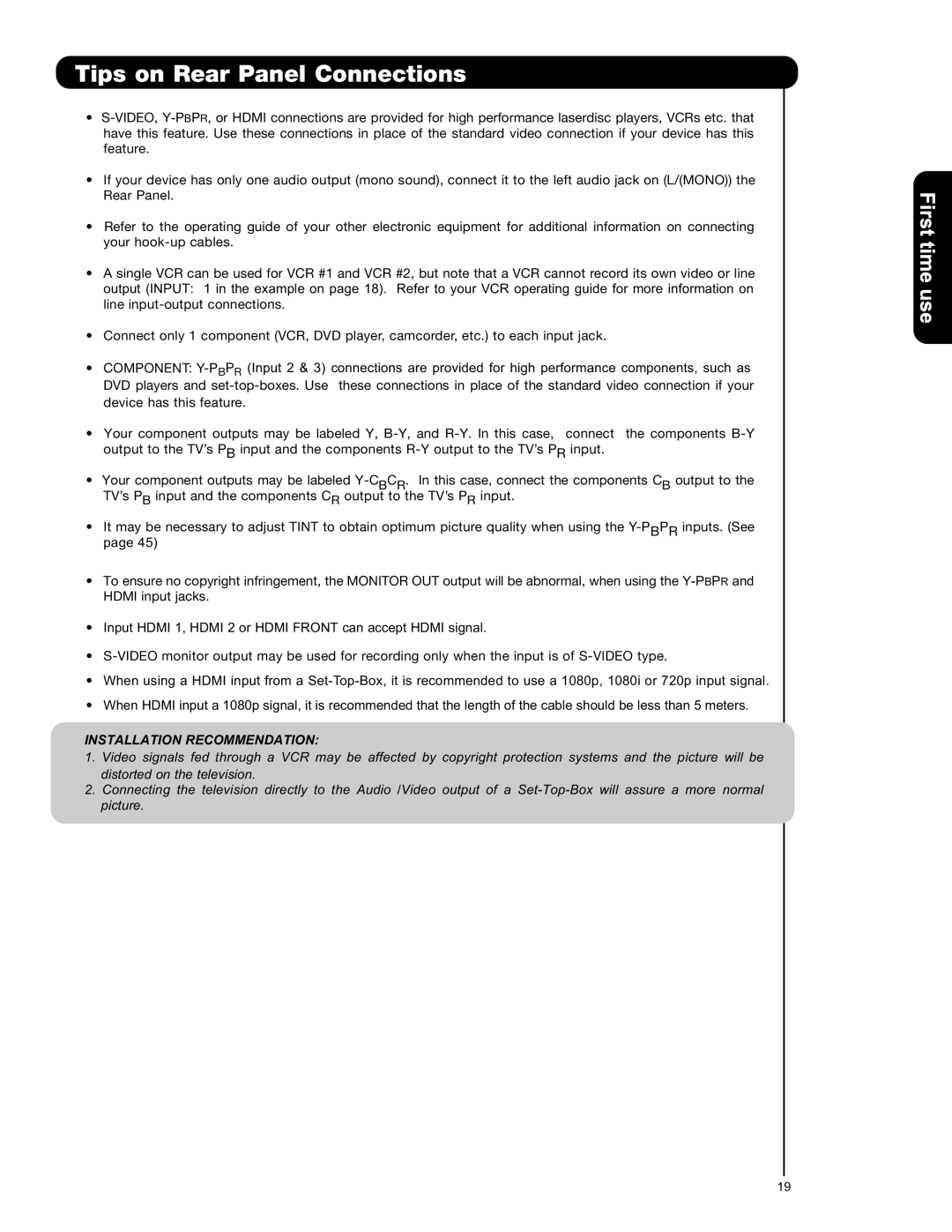 Hitachi P50V701 important safety instructions Tips on Rear Panel Connections, Installation Recommendation 