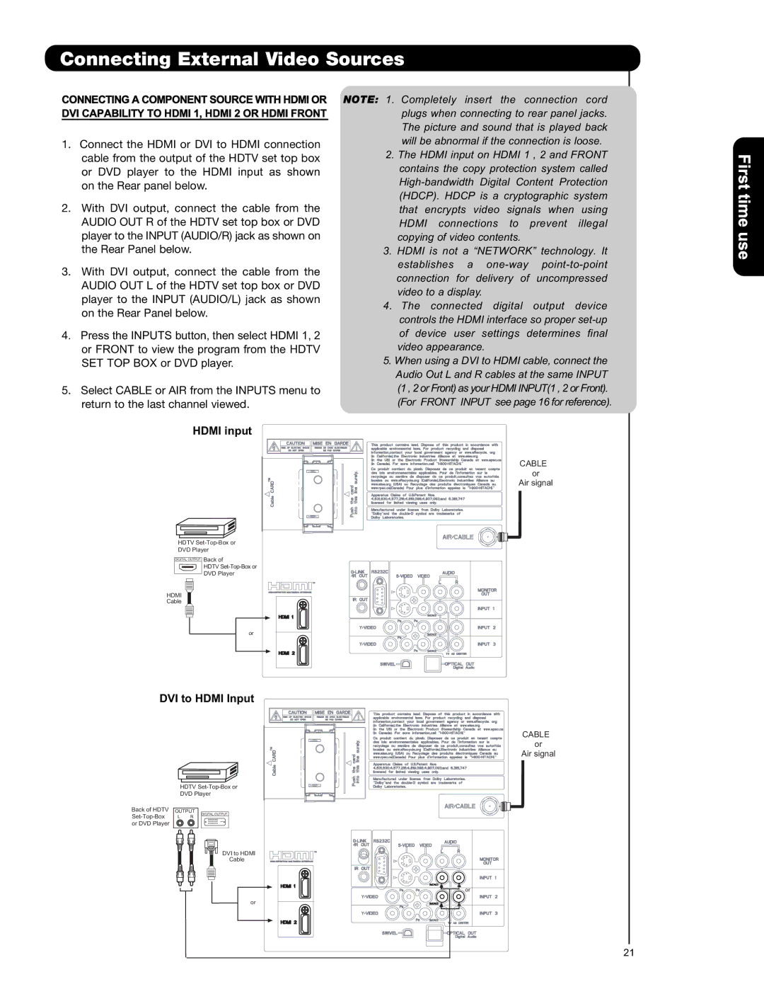 Hitachi P50V701 important safety instructions Hdmi input, DVI to Hdmi Input 