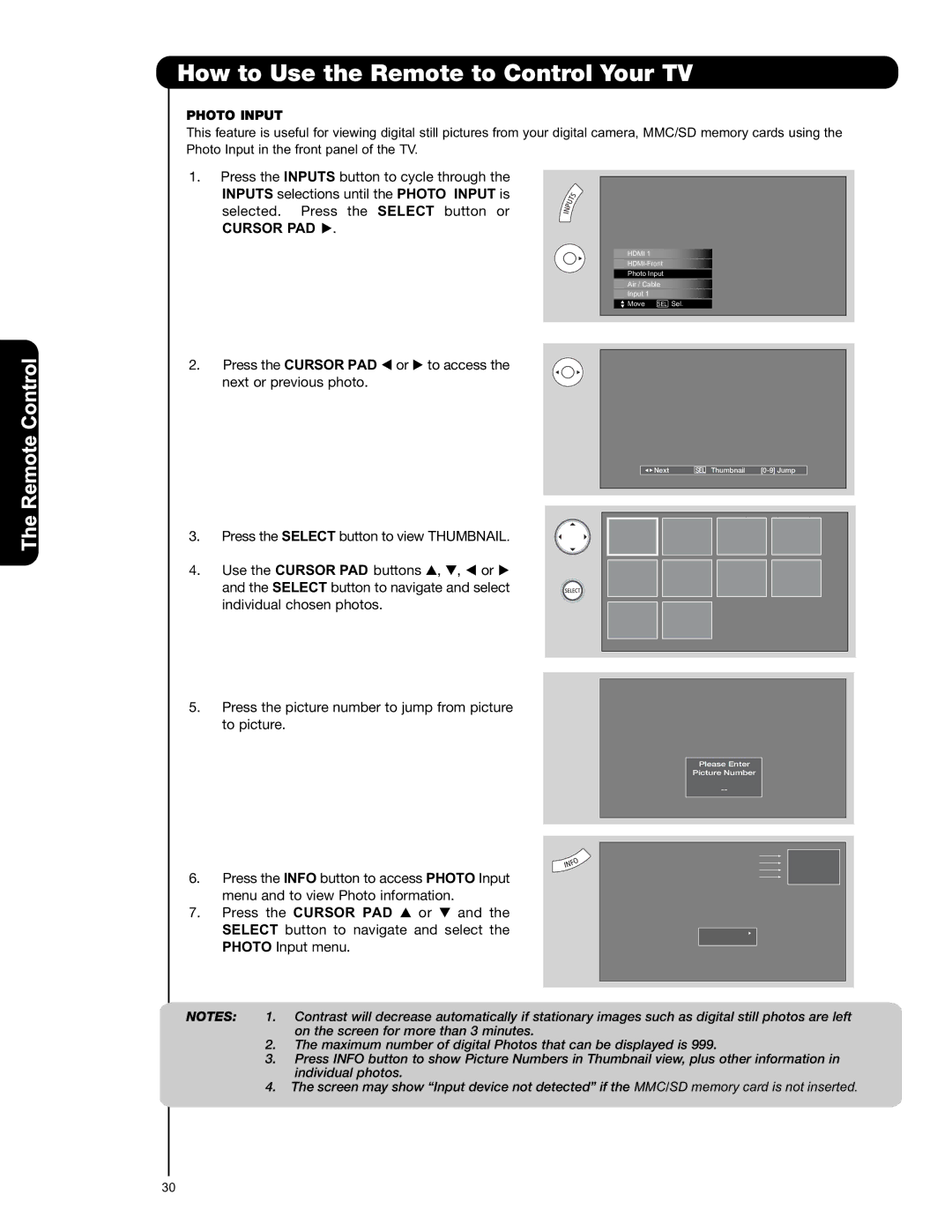 Hitachi P50V701 important safety instructions Cursor PAD, Photo Input 