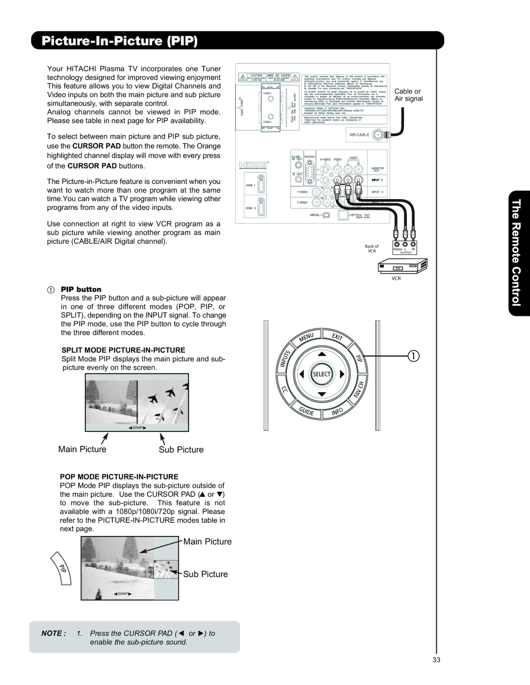 Hitachi P50V701 Picture-In-Picture PIP, PIP button, Split Mode PICTURE-IN-PICTURE, POP Mode PICTURE-IN-PICTURE 