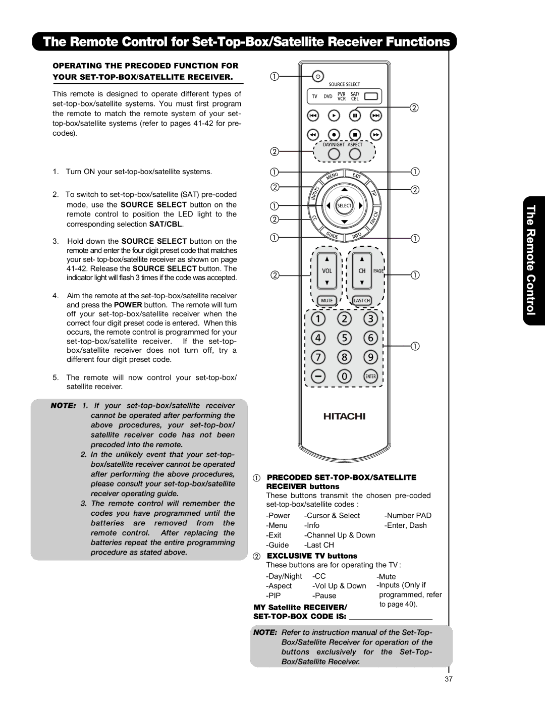 Hitachi P50V701 Remote Control for Set-Top-Box/Satellite Receiver Functions, MY Satellite Receiver, SET-TOP-BOX Code is 