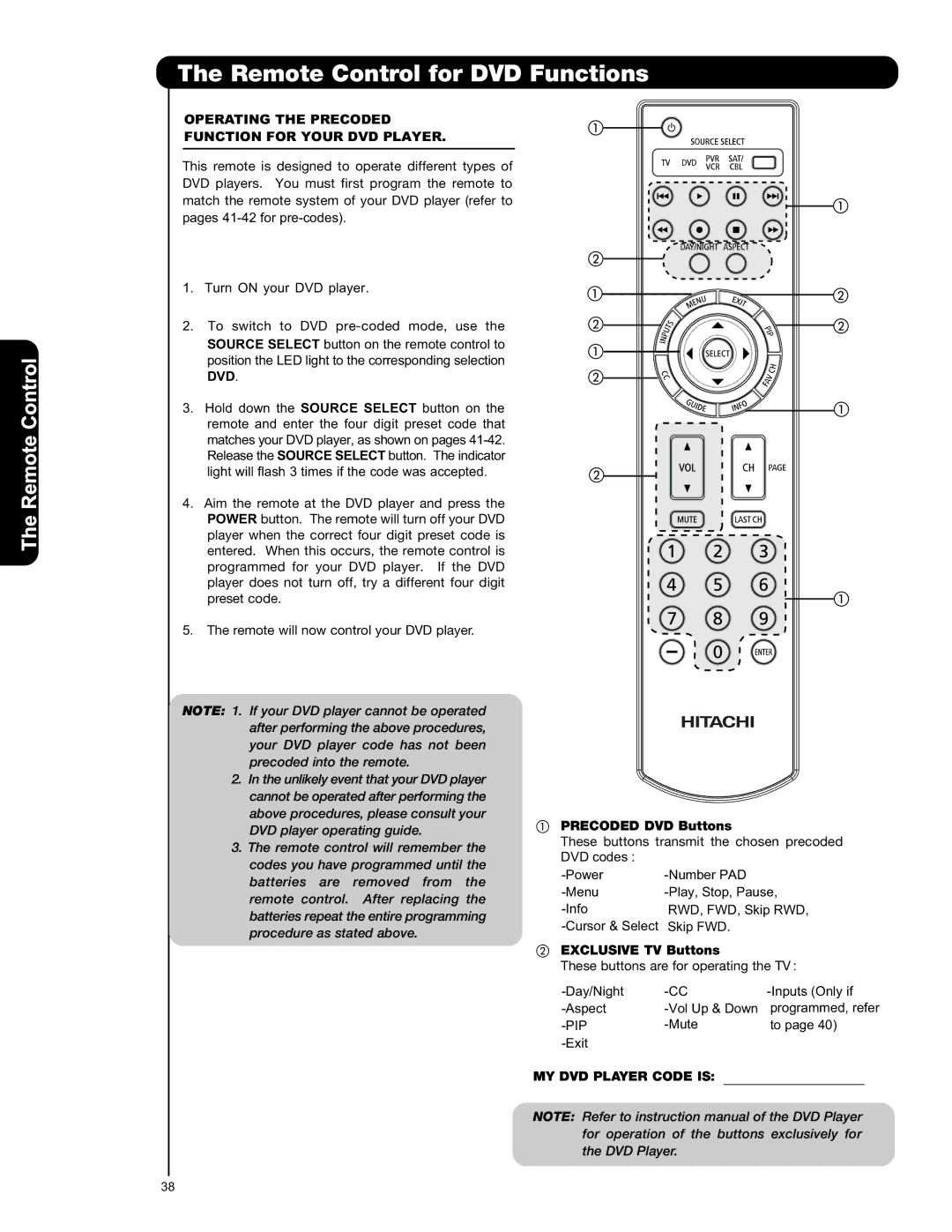 Hitachi P50V701 Remote Control for DVD Functions, Operating the Precoded Function for Your DVD Player 