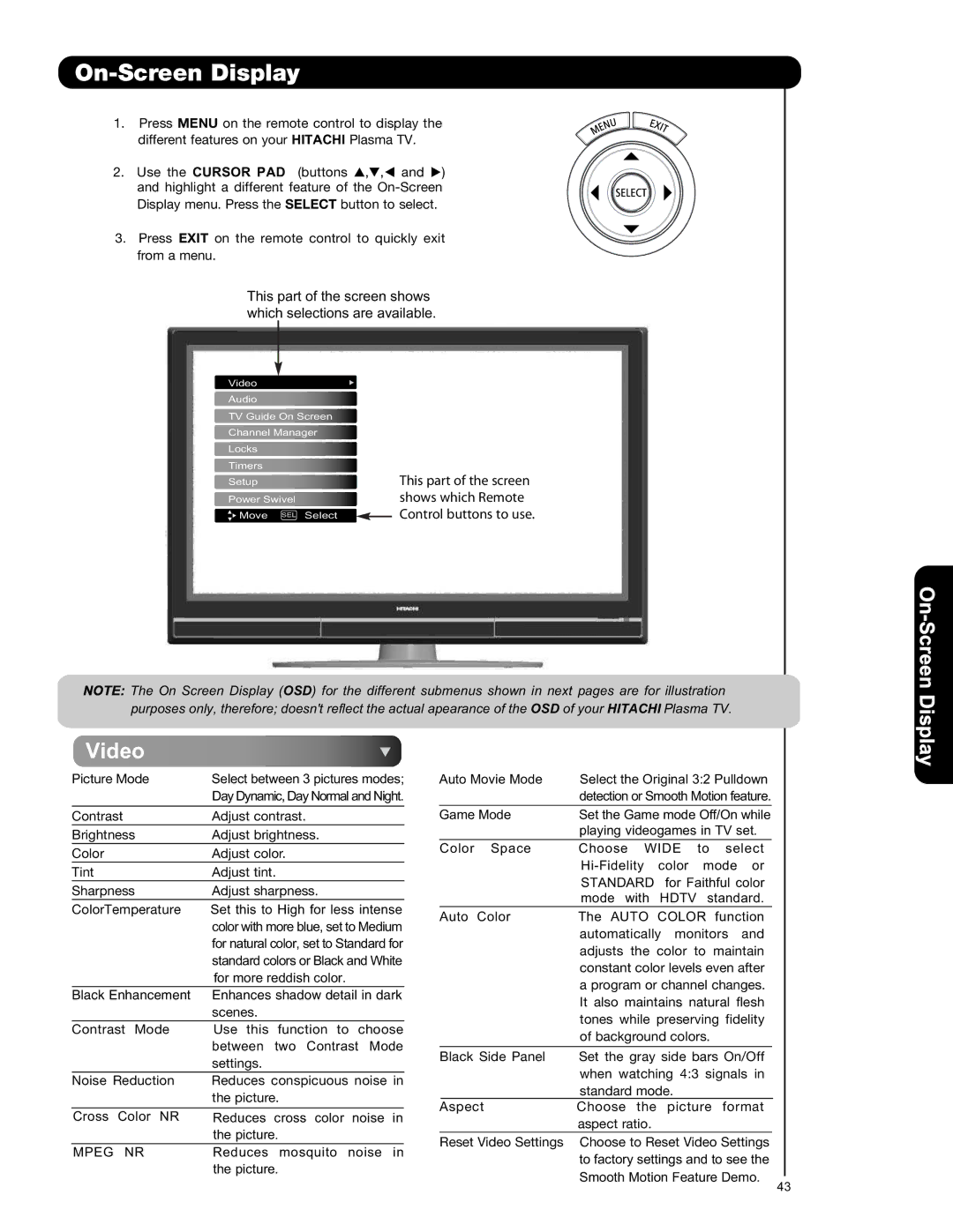 Hitachi P50V701 important safety instructions On-Screen Display, Video 