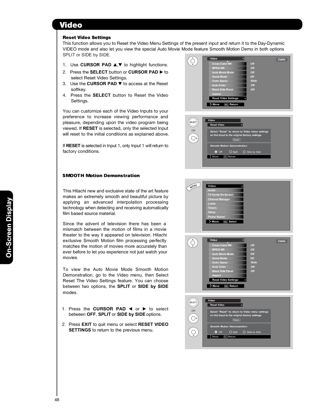 Hitachi P50V701 important safety instructions Reset Video Settings 