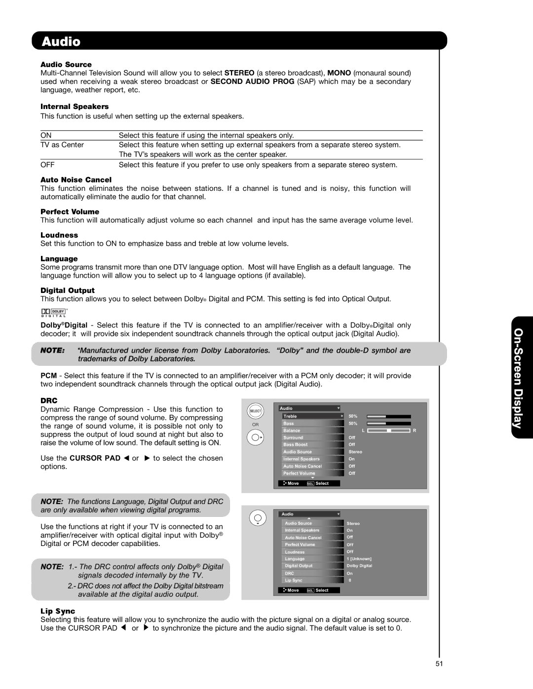 Hitachi P50V701 Audio Source, Internal Speakers, Auto Noise Cancel, Perfect Volume, Loudness, Language, Digital Output 