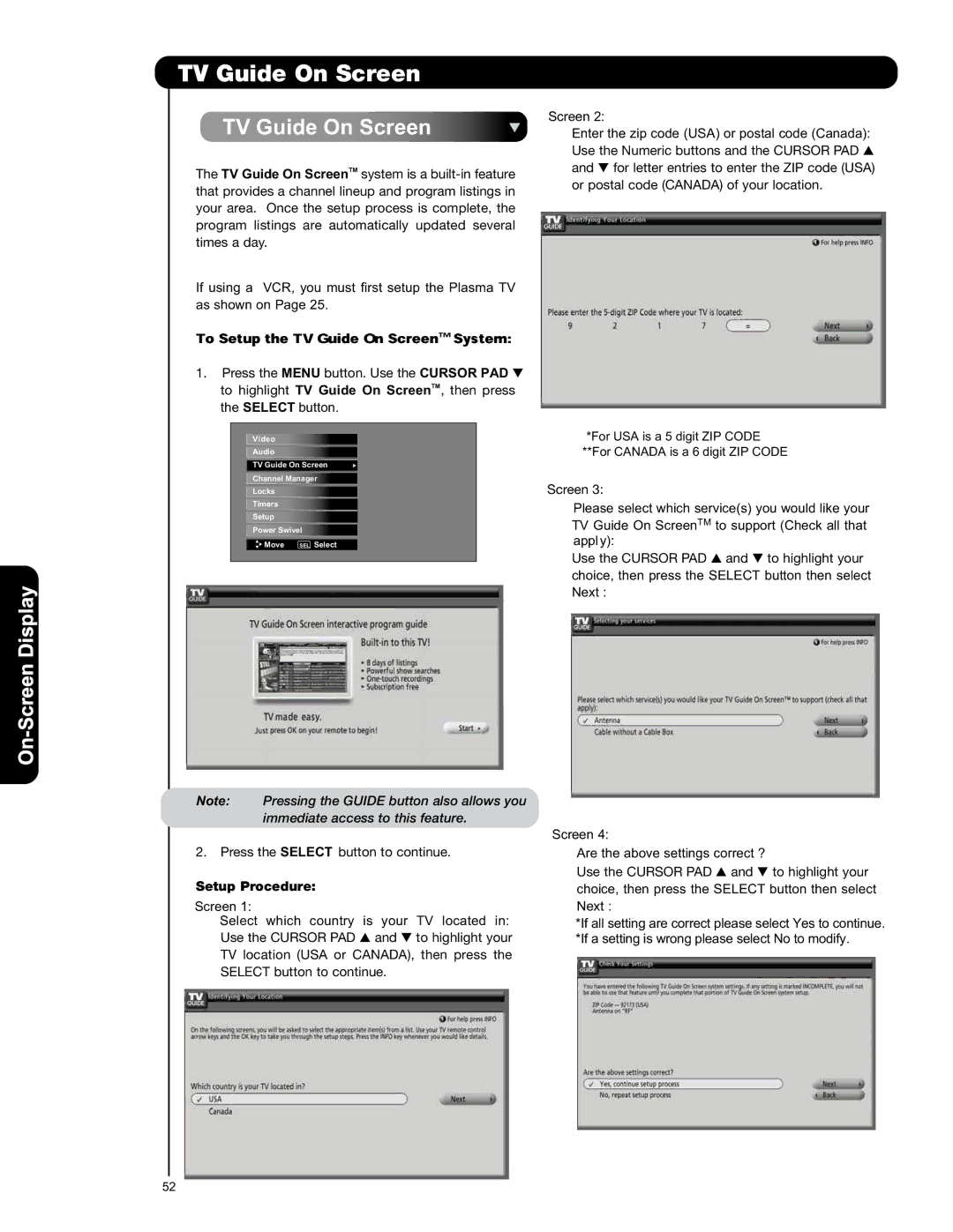 Hitachi P50V701 important safety instructions TV Guide On Screen, Setup Procedure 