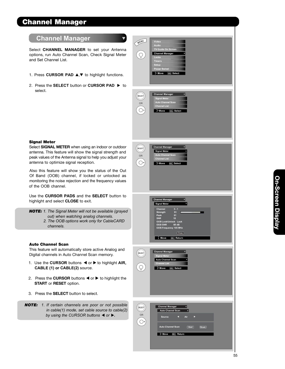 Hitachi P50V701 important safety instructions Channel Manager, Signal Meter, Auto Channel Scan 