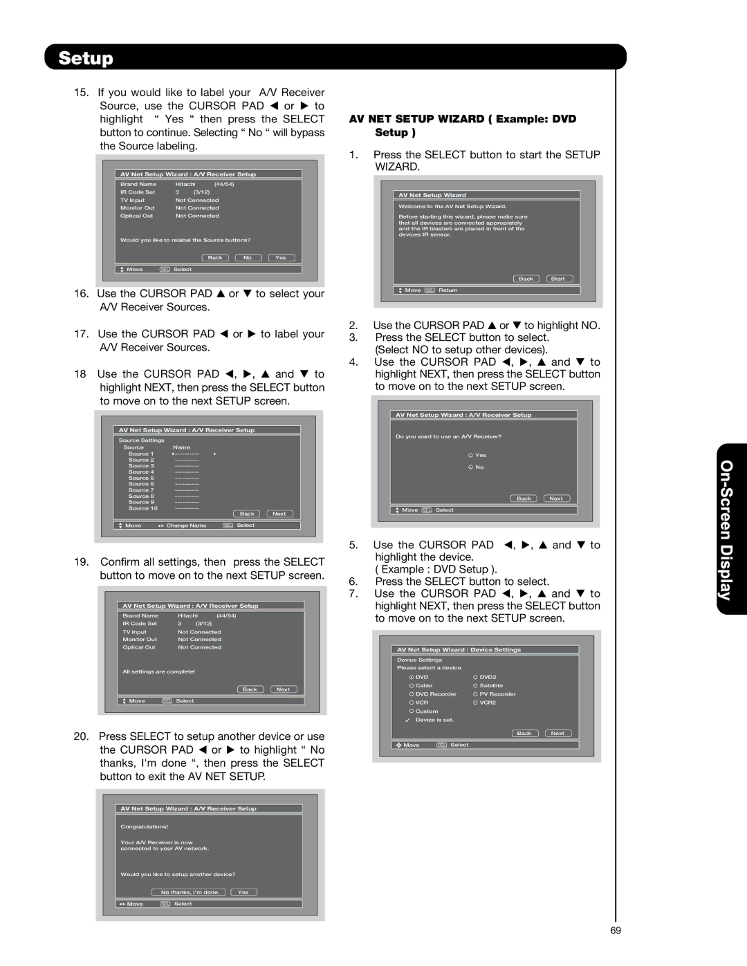 Hitachi P50V701 important safety instructions AV NET Setup Wizard Example DVD Setup, AV Net Setup Wizard Device Settings 