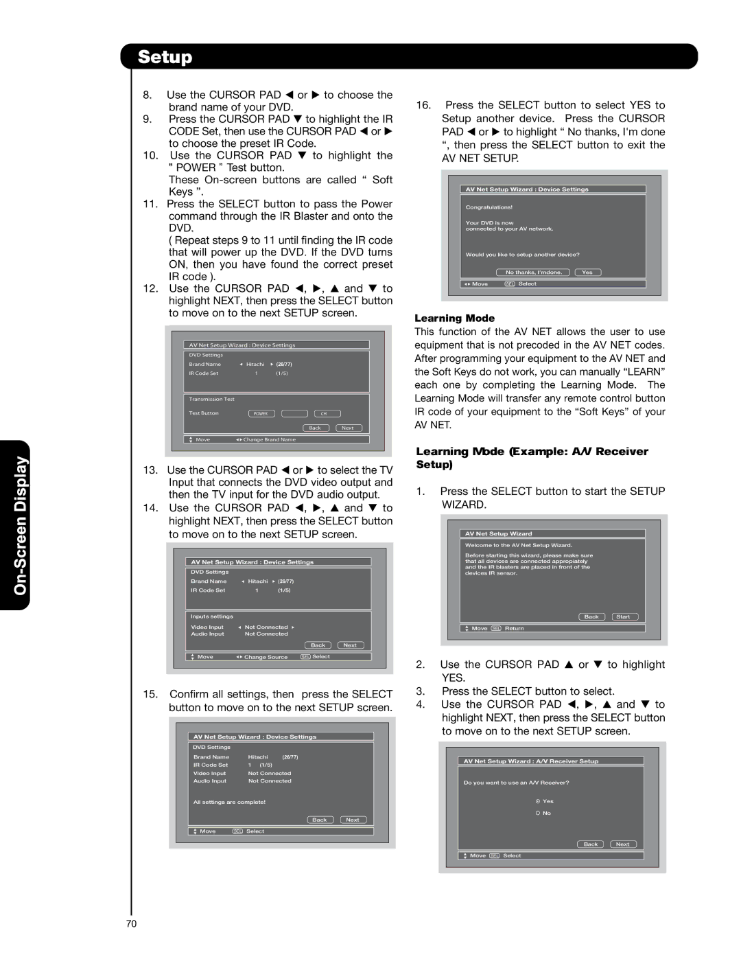 Hitachi P50V701 important safety instructions Setup, Learning Mode 