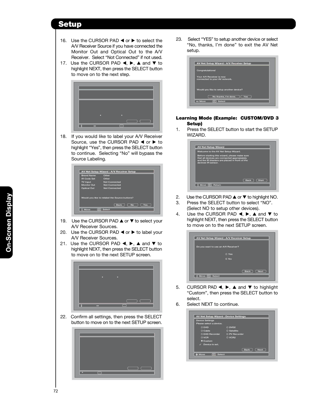 Hitachi P50V701 important safety instructions Learning Mode Example CUSTOM/DVD 3 Setup 