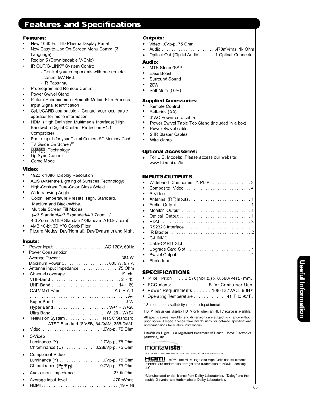 Hitachi P50V701 important safety instructions Inputs, Link TM 