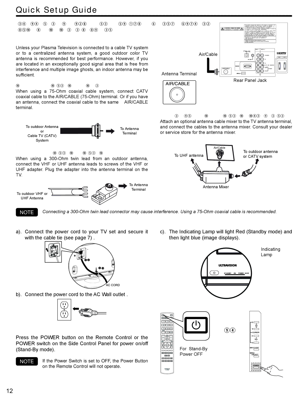 Hitachi P50V702 Quick Setup Guide, Antenna Connection, Connect Your NEW Hitachi Plasma TV to the Power Source 