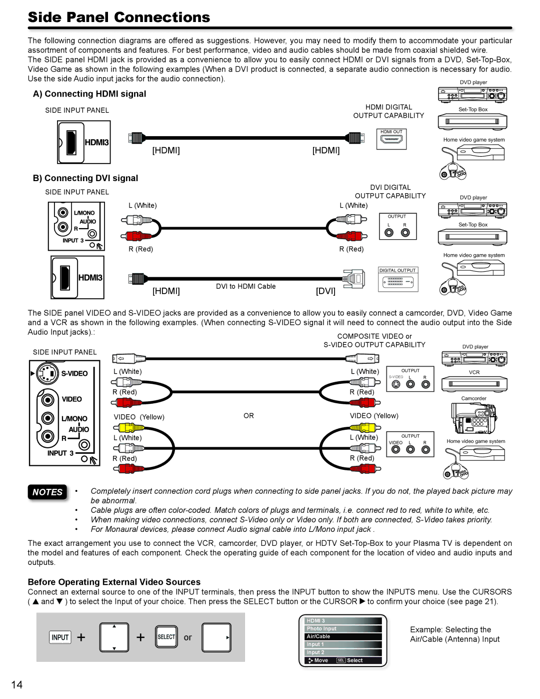 Hitachi P50V702 important safety instructions Side Panel Connections, Connecting Hdmi signal, Connecting DVI signal 