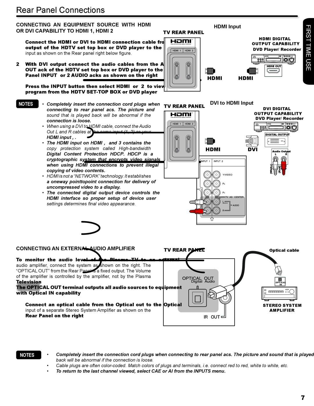 Hitachi P50V702 important safety instructions DVI to Hdmi Input, Connecting AN External Audio Amplifier 