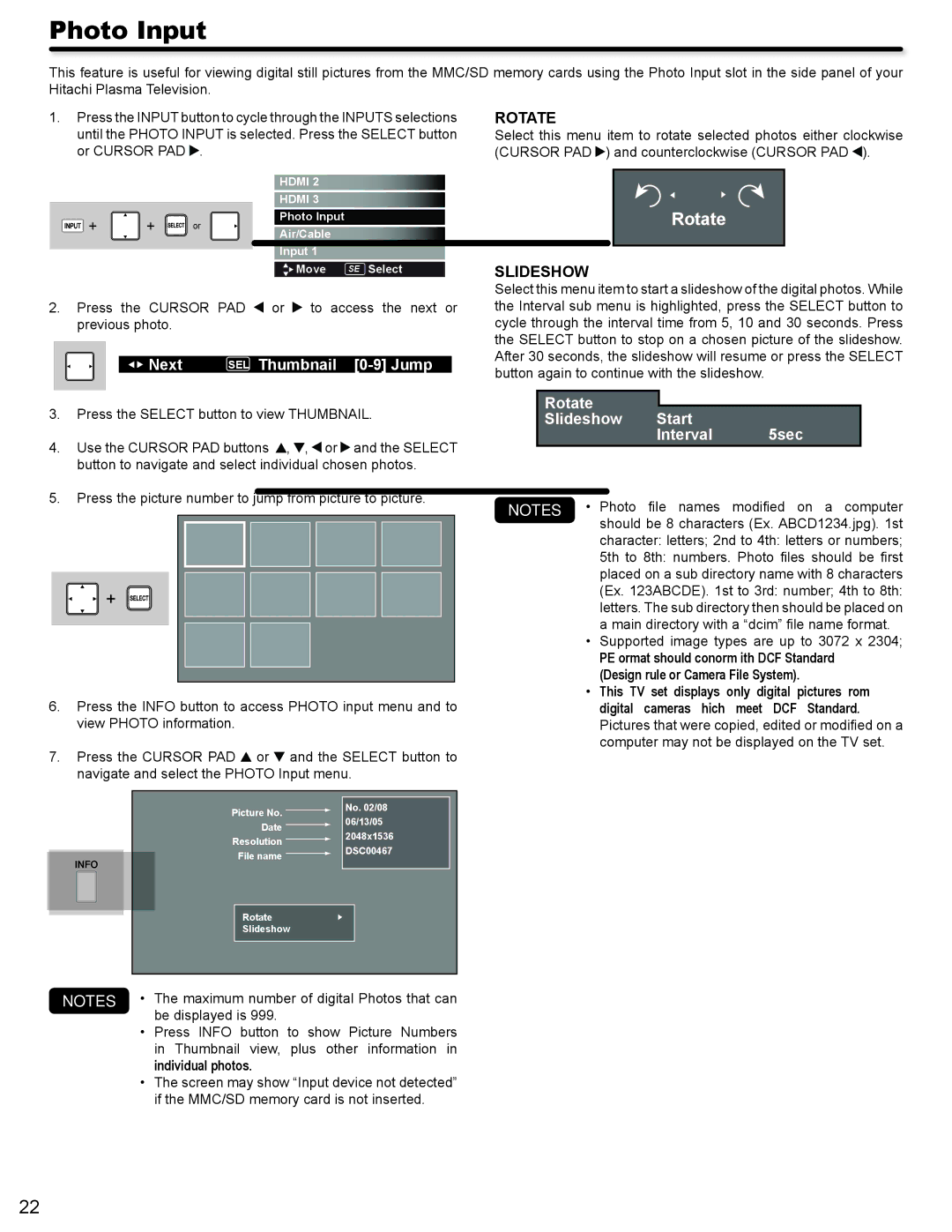 Hitachi P50V702 important safety instructions Photo Input, Rotate, Slideshow 