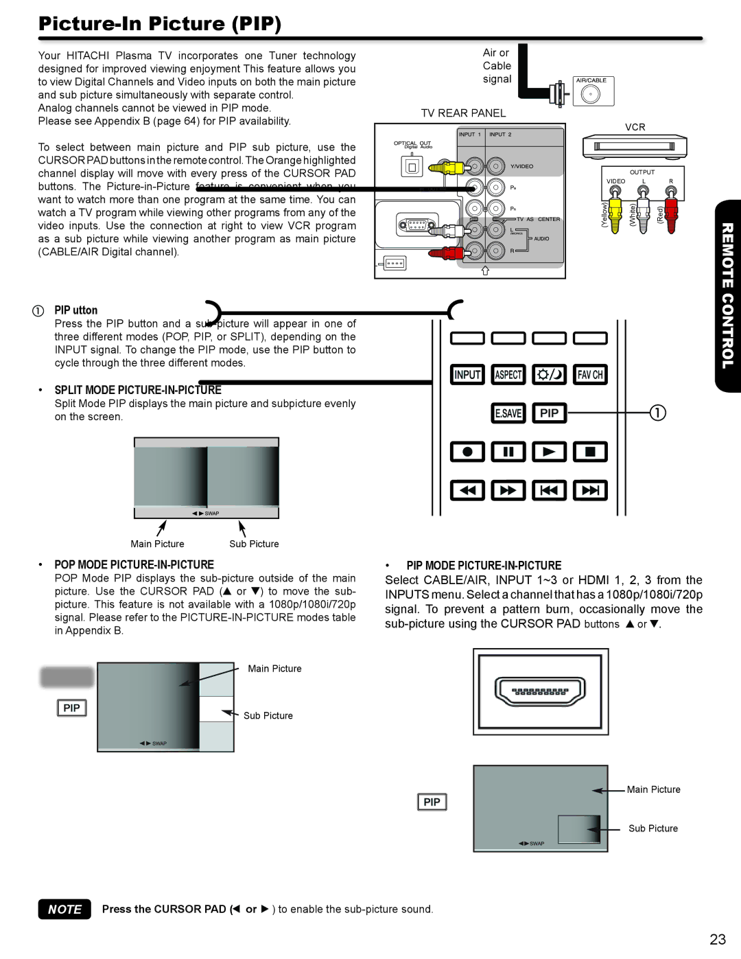 Hitachi P50V702 Picture-In Picture PIP, PIP button, Split Mode PICTURE-IN-PICTURE, POP Mode PICTURE-IN-PICTURE 