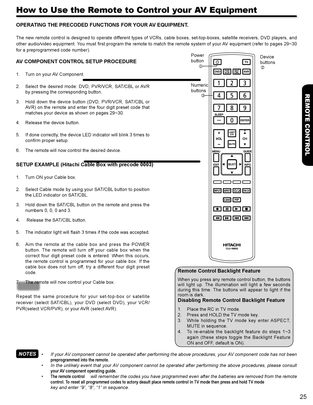 Hitachi P50V702 How to Use the Remote to Control your AV Equipment, Operating the Precoded Functions for Your AV Equipment 