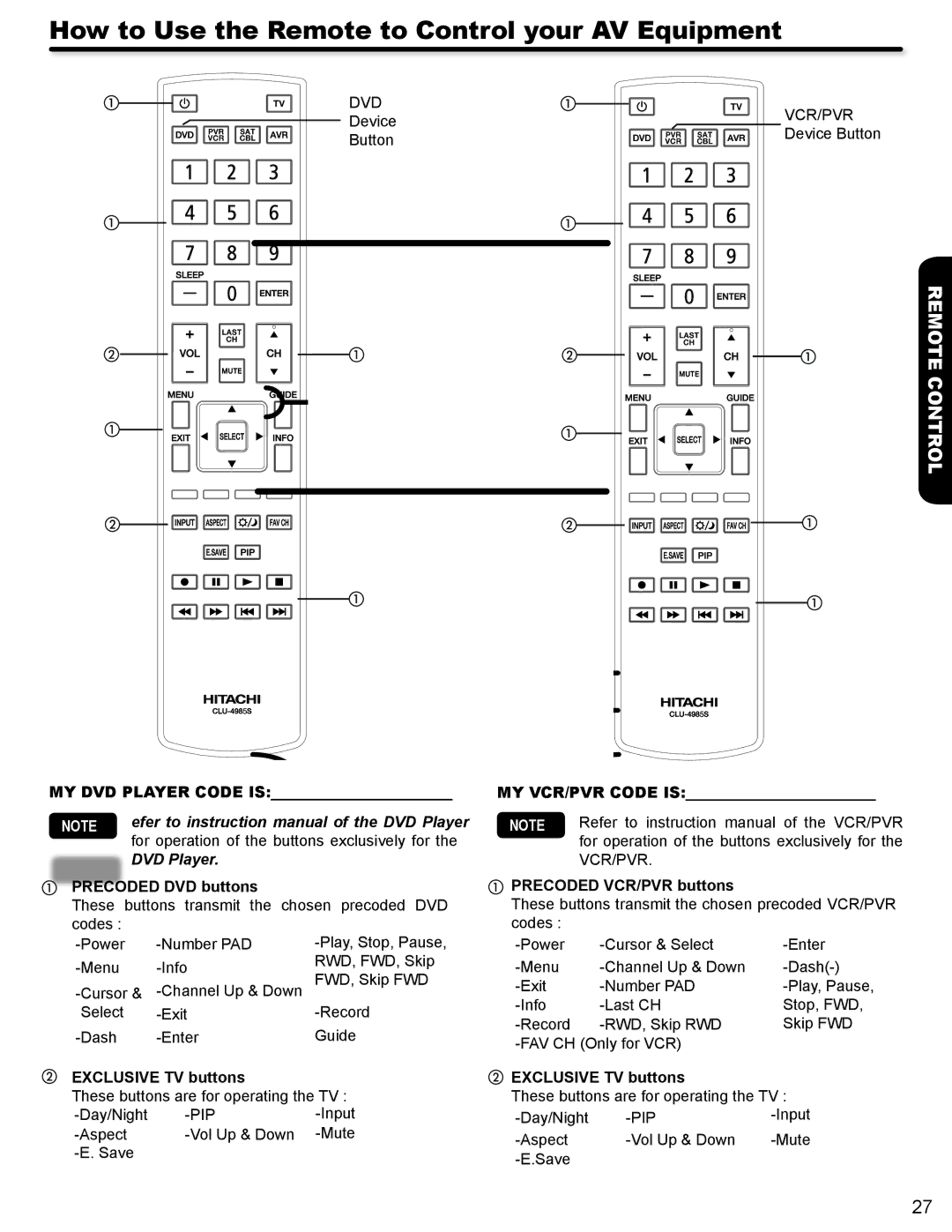 Hitachi P50V702 MY DVD Player Code is, Precoded DVD buttons, MY VCR/PVR Code is, Precoded VCR/PVR buttons 