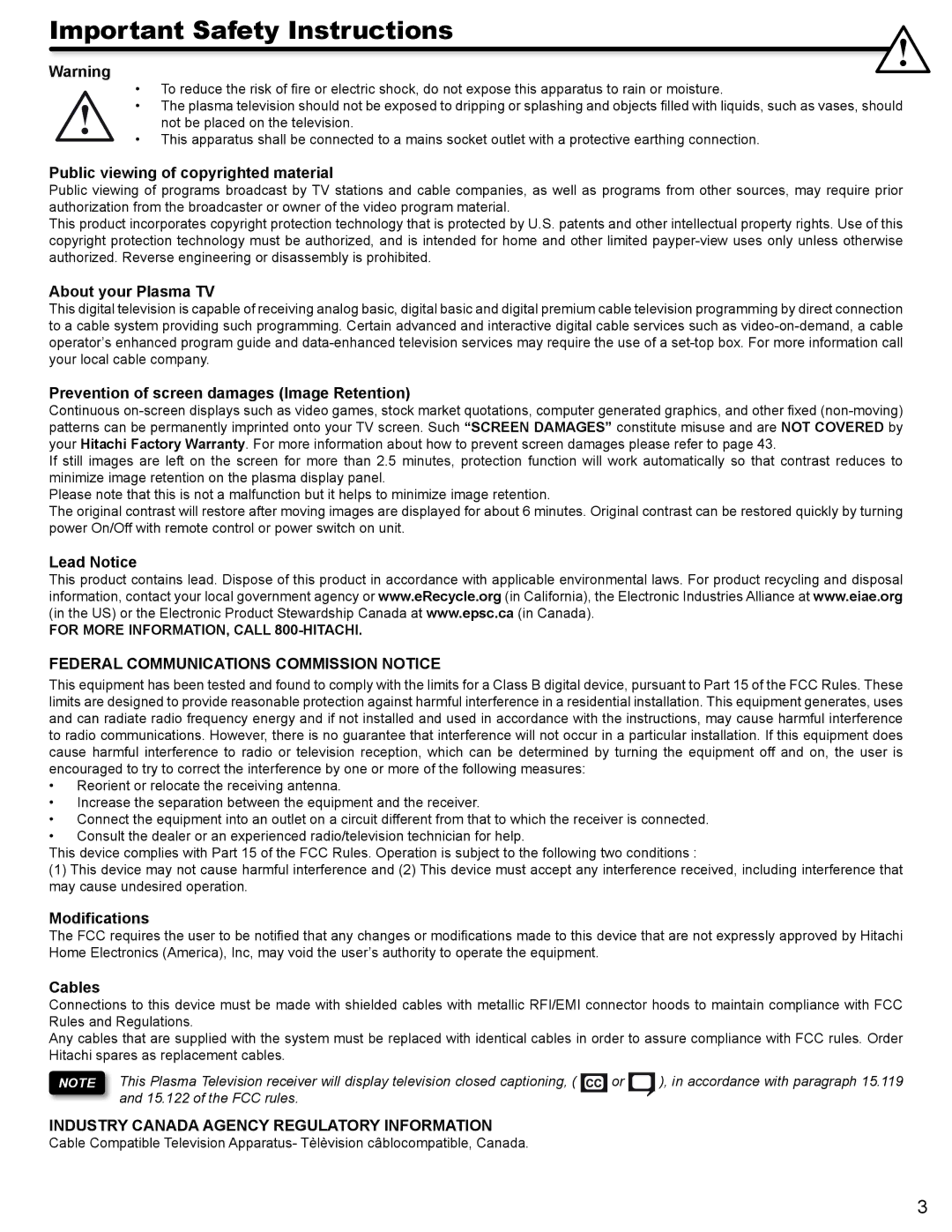 Hitachi P50V702 Federal Communications Commission Notice, Industry Canada Agency Regulatory Information 