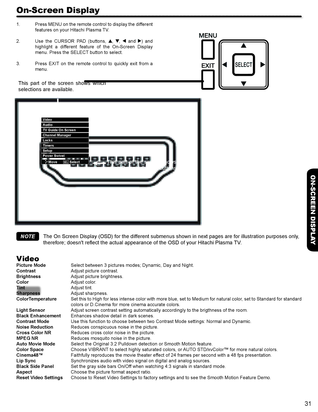 Hitachi P50V702 important safety instructions On-Screen Display, Reduces mosquito noise in the picture 