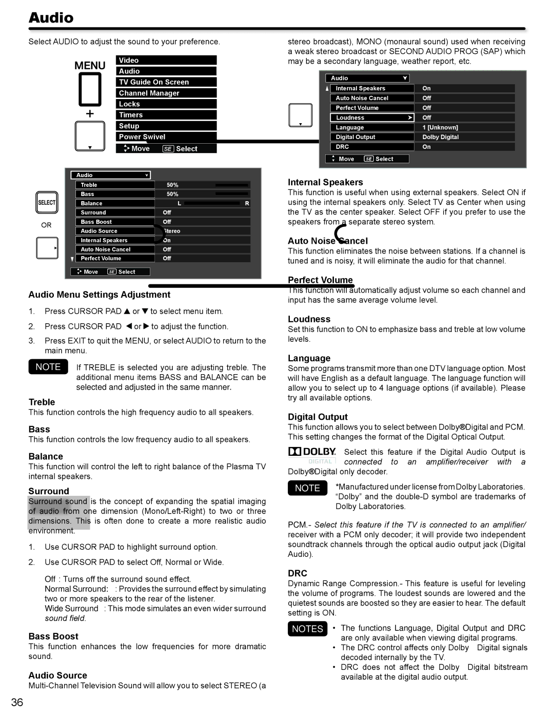 Hitachi P50V702 important safety instructions Audio, Drc 