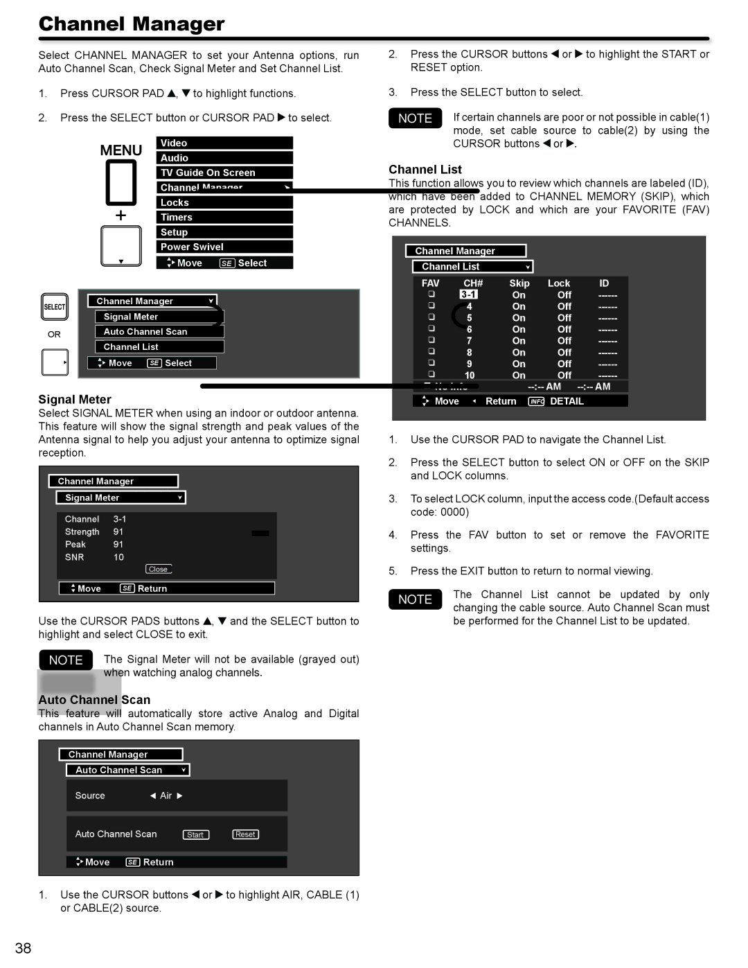 Hitachi P50V702 important safety instructions Channel Manager, Signal Meter, Auto Channel Scan, Channel List 