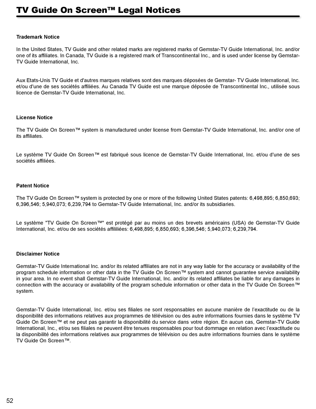 Hitachi P50V702 TV Guide On Screen Legal Notices, Trademark Notice, License Notice, Patent Notice, Disclaimer Notice 