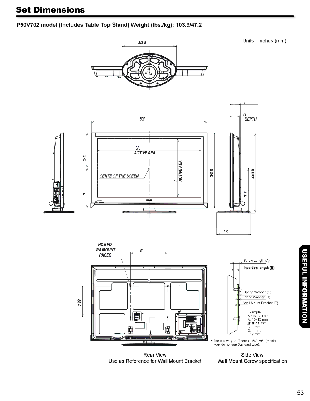 Hitachi P50V702 important safety instructions Set Dimensions, Units Inches mm 