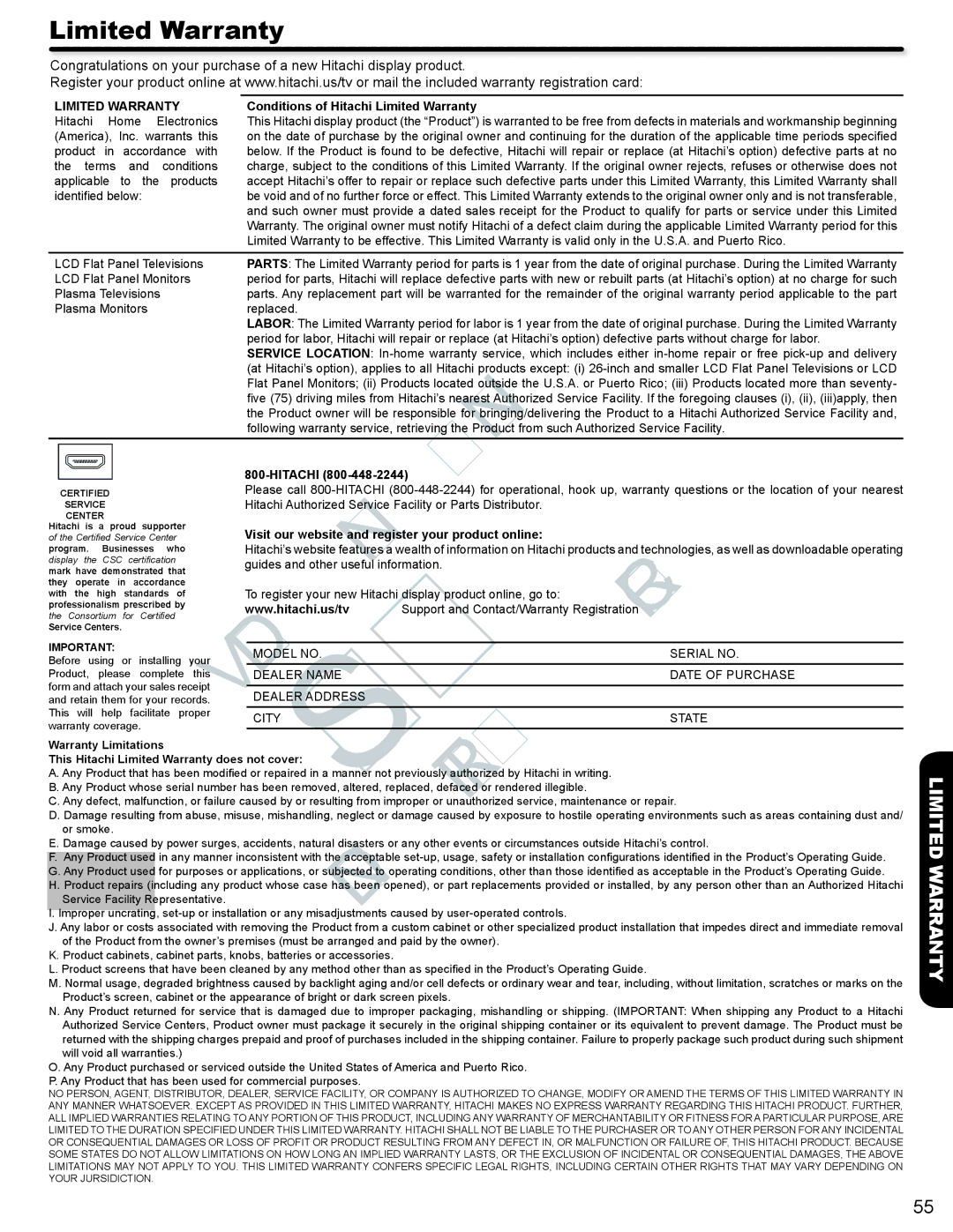 Hitachi P50V702 important safety instructions Conditions of Hitachi Limited Warranty 