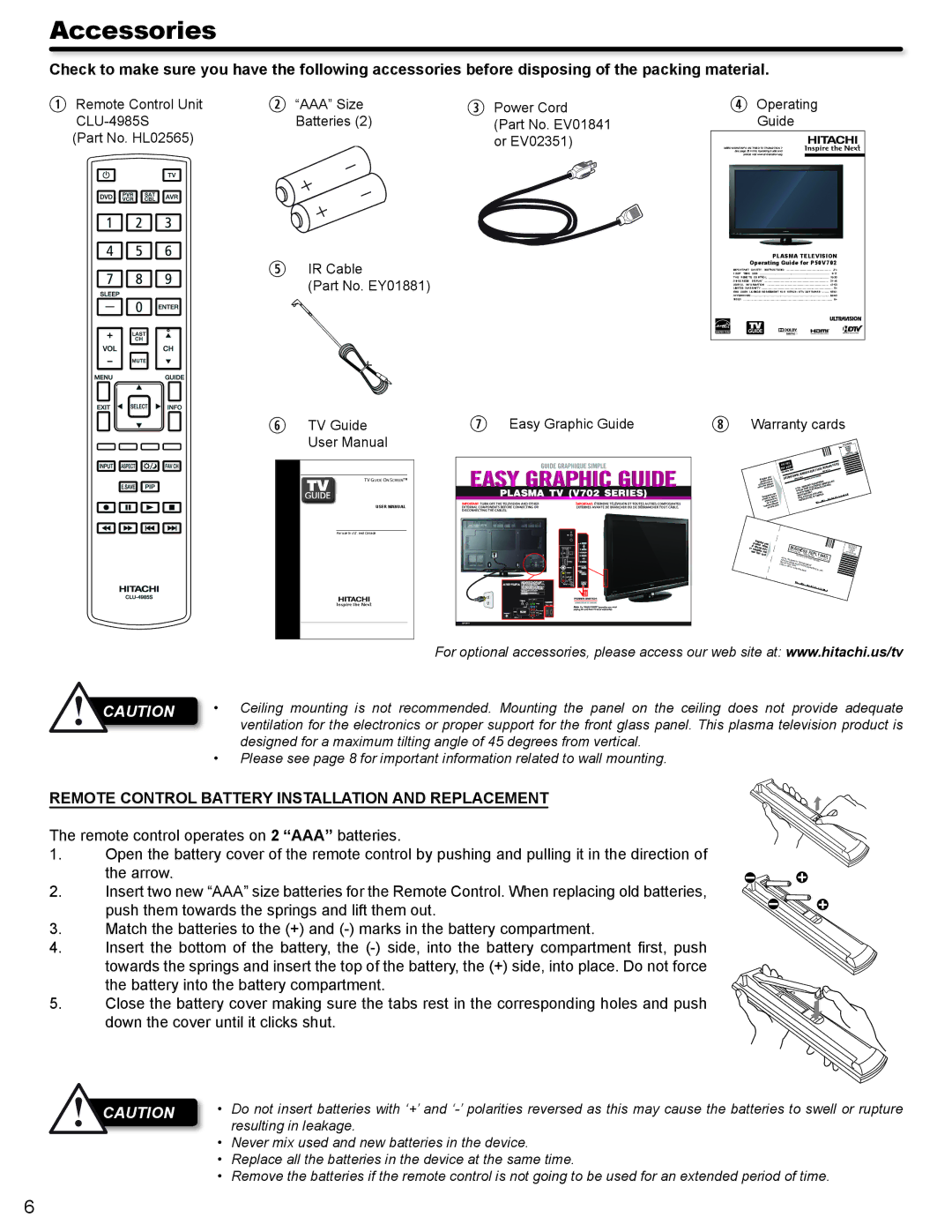 Hitachi P50V702 Accessories, Remote Control Battery Installation and Replacement, Easy Graphic Guide 