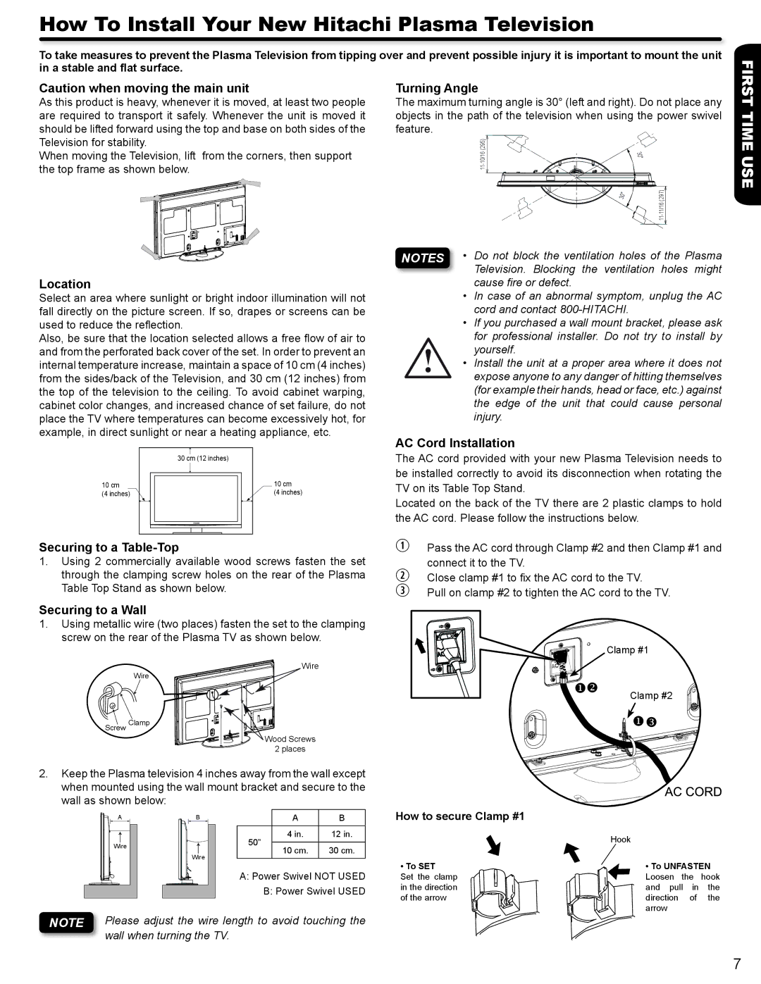 Hitachi P50V702 How To Install Your New Hitachi Plasma Television, Location, Turning Angle, AC Cord Installation 