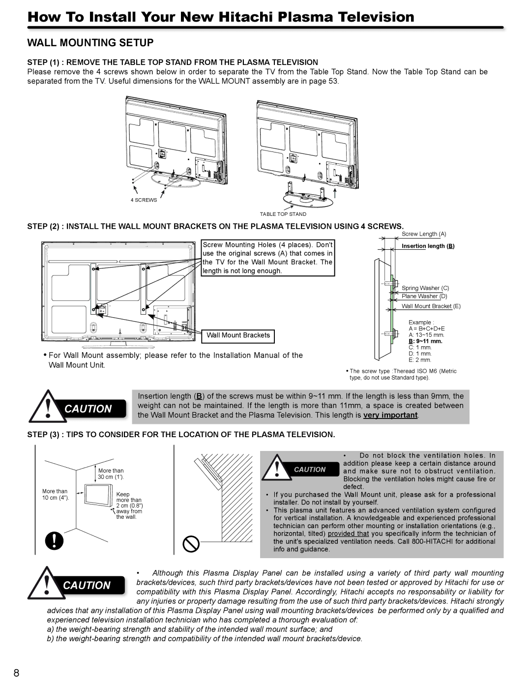 Hitachi P50V702 important safety instructions Wall Mounting Setup 