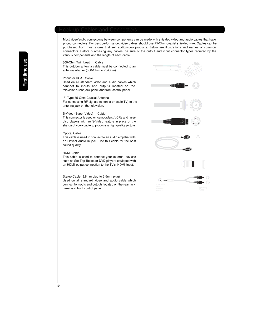 Hitachi P55T501 important safety instructions Hook-up Cables and Connectors 