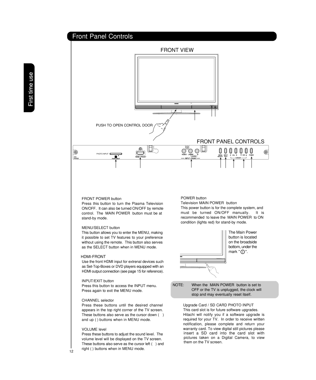 Hitachi P55T501 important safety instructions Front Panel Controls 