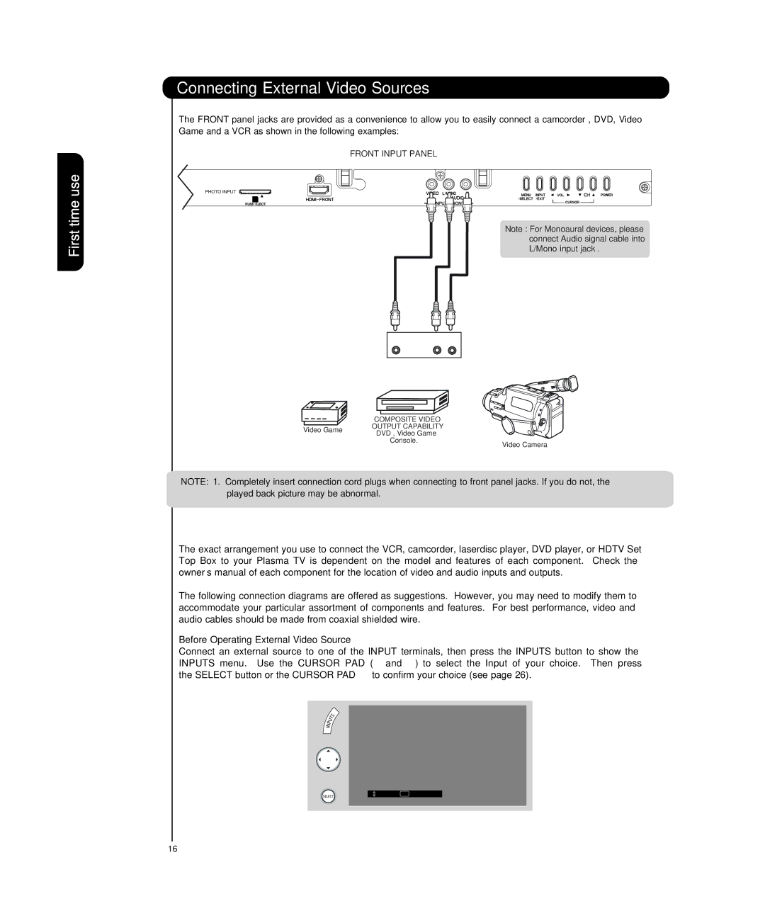 Hitachi P55T501 important safety instructions Before Operating External Video Source 