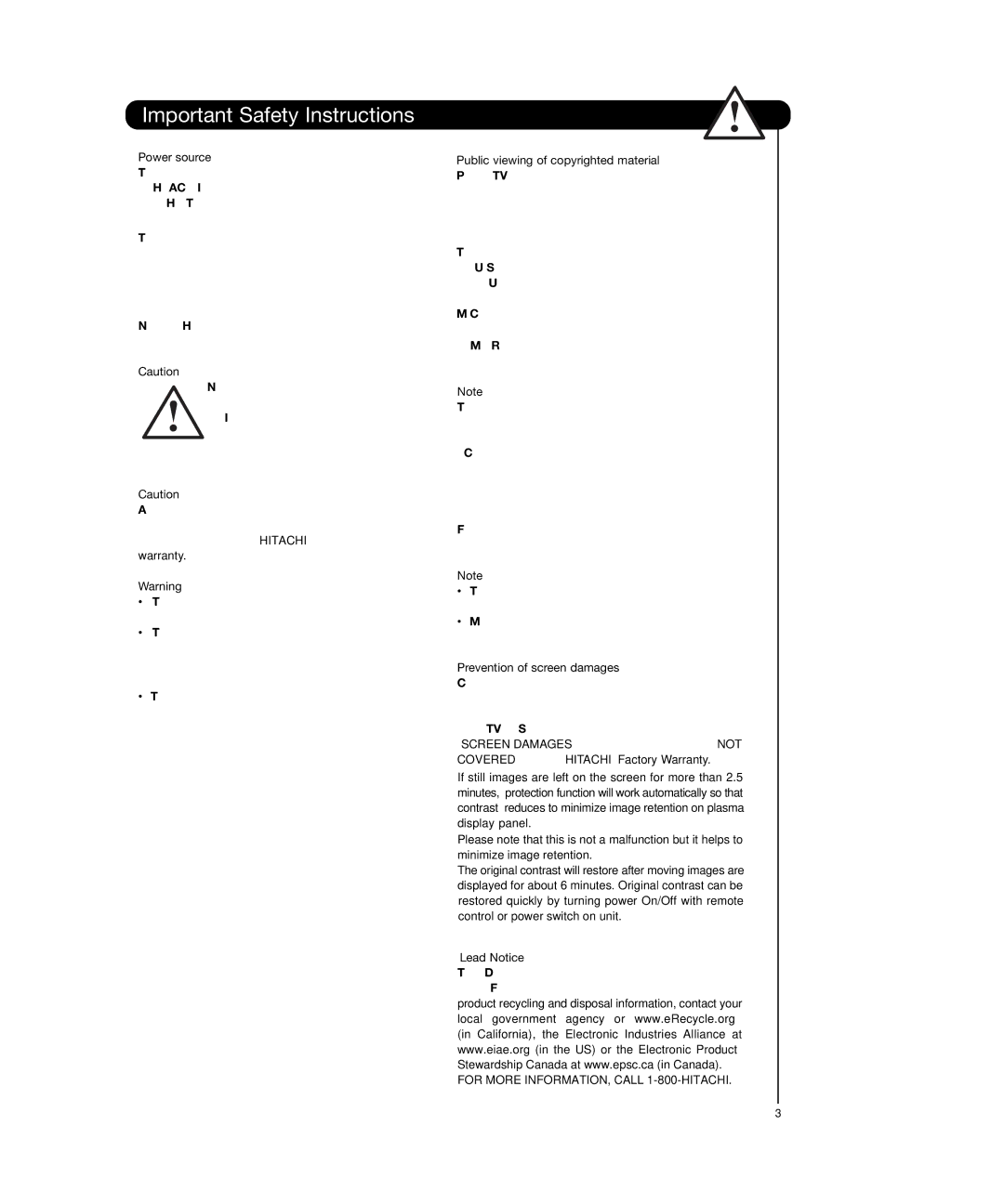 Hitachi P55T501 important safety instructions For More INFORMATION, Call 1-800-HITACHI 