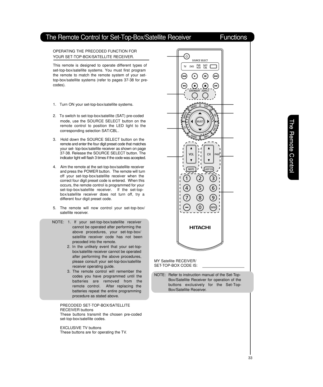 Hitachi P55T501 Remote Control for Set-Top-Box/Satellite Receiver Functions, MY Satellite Receiver, SET-TOP-BOX Code is 