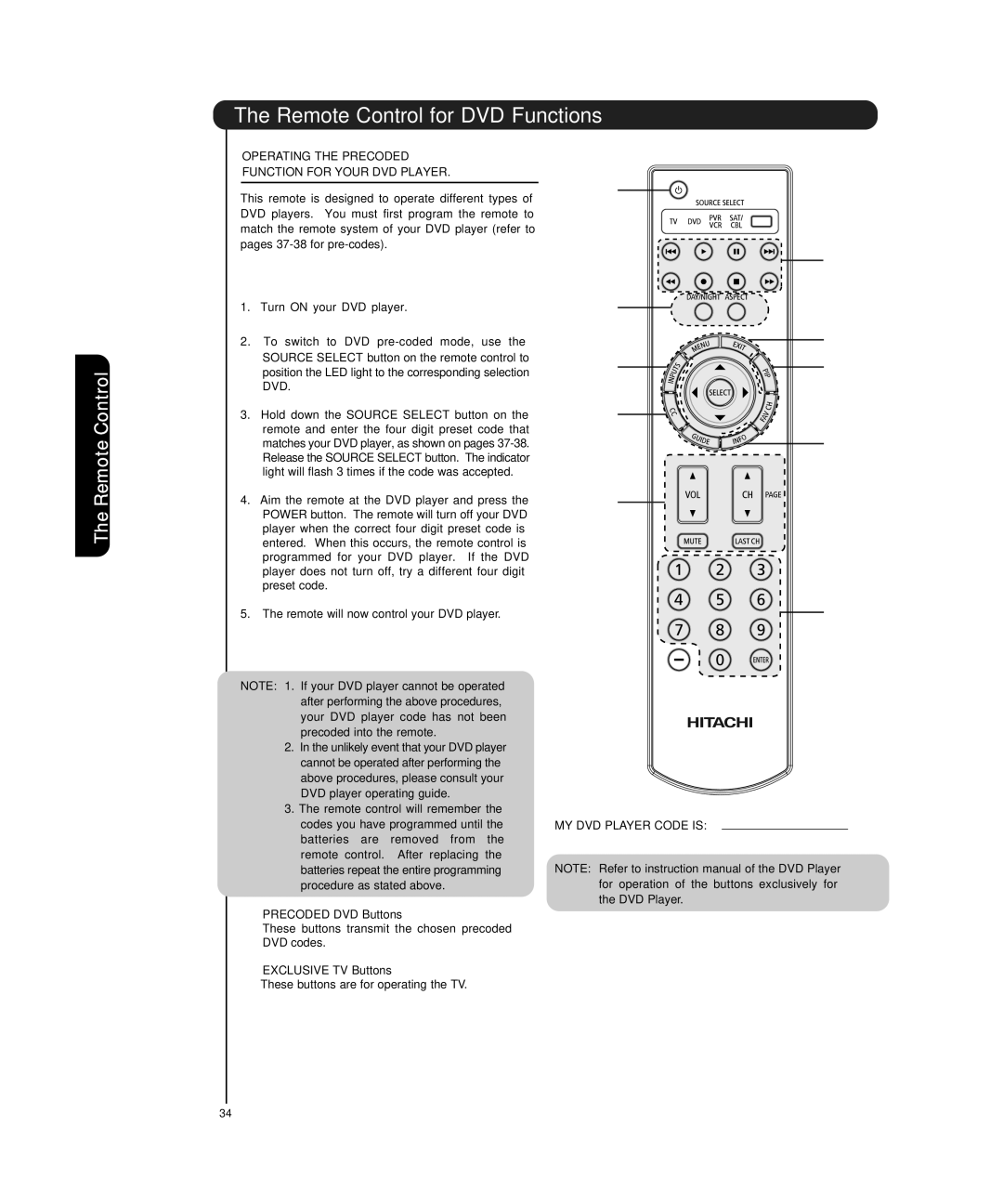 Hitachi P55T501 Remote Control for DVD Functions, Operating the Precoded Function for Your DVD Player, Dvd 