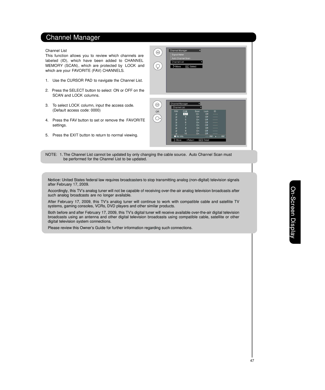 Hitachi P55T501 important safety instructions Channel List 