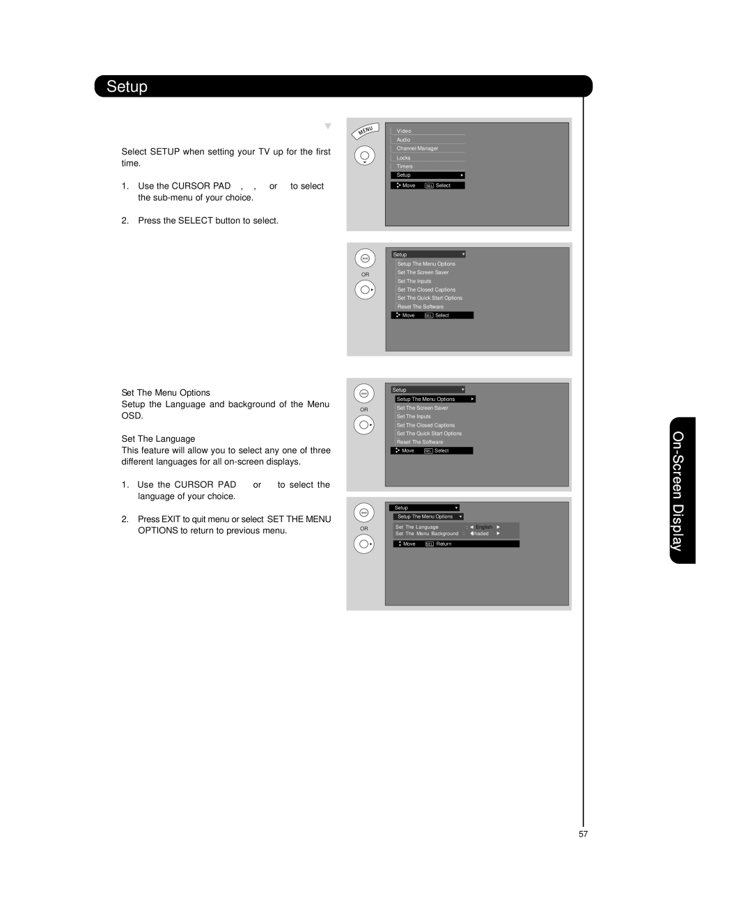 Hitachi P55T501 important safety instructions Setup, Set The Menu Options, Set The Language 