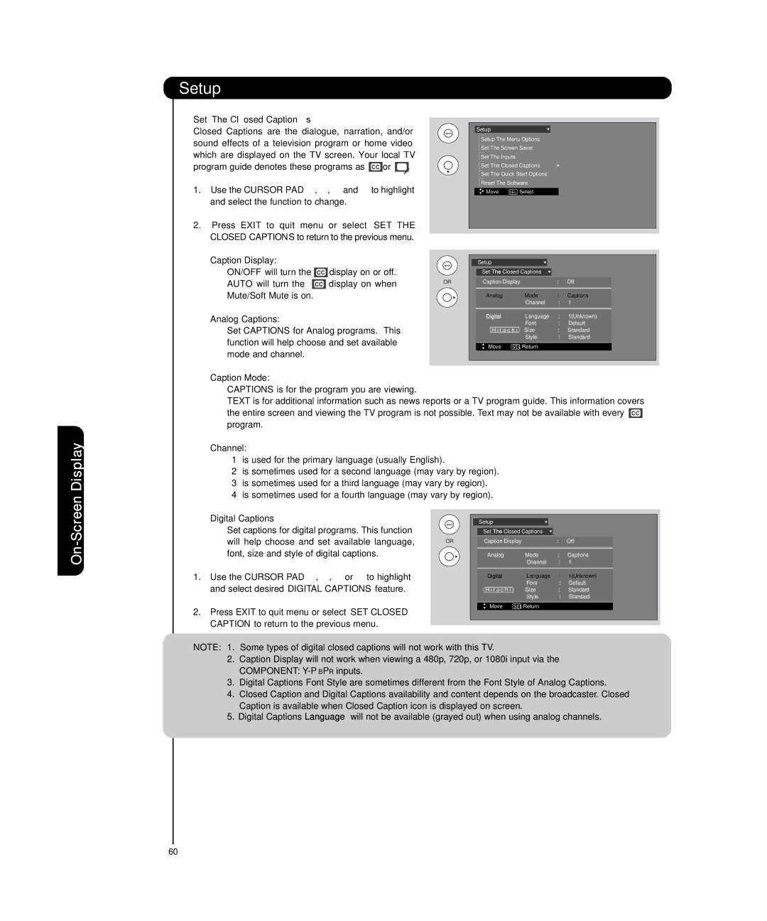 Hitachi P55T501 Set The Closed Captions, Caption Display, Analog Captions, Caption Mode, Channel, Digital Captions 