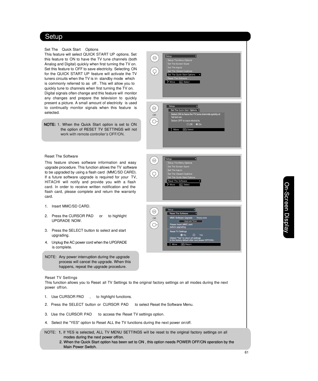 Hitachi P55T501 Set The Quick Start Options, Reset The Software, Insert MMC/SD Card, Upgrade NOW, Reset TV Settings 