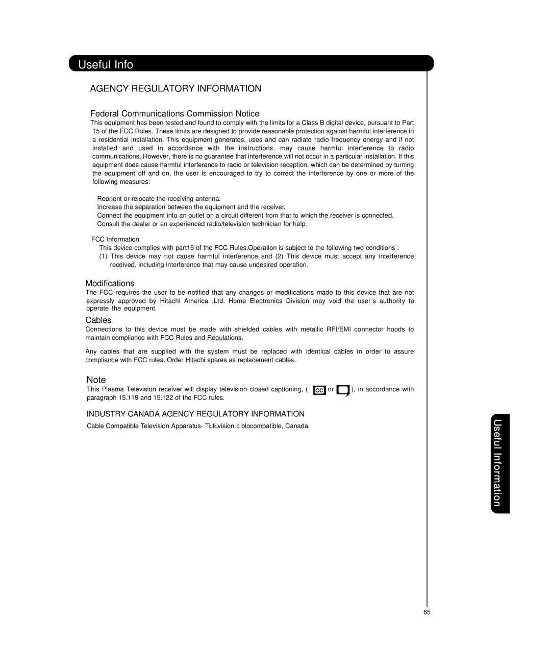 Hitachi P55T501 important safety instructions Useful Info, FCC Information 