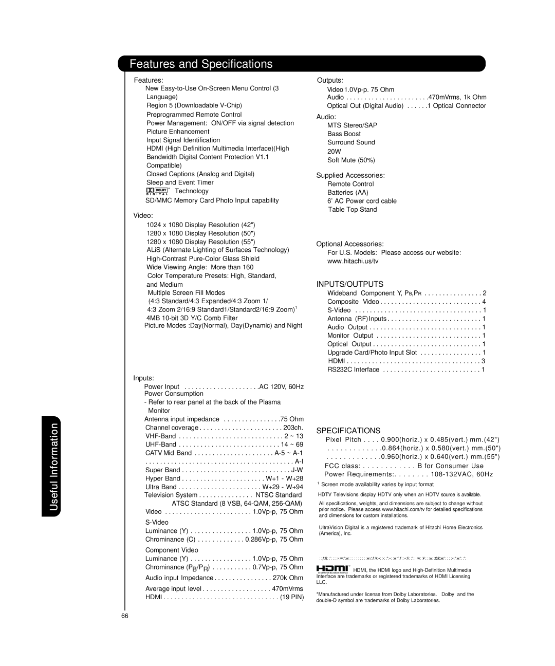 Hitachi P55T501 important safety instructions Features and Specifications 