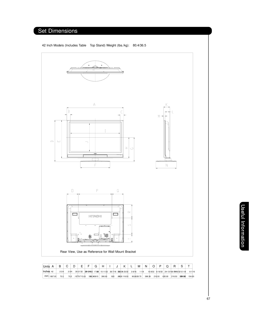 Hitachi P55T501 important safety instructions Set Dimensions, Rear View, Use as Reference for Wall Mount Bracket 