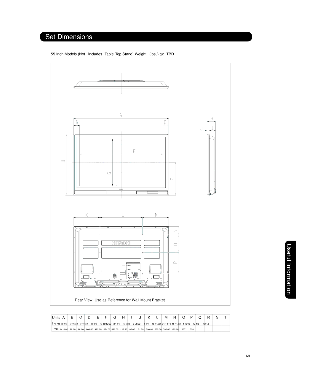 Hitachi P55T501 important safety instructions Inch Models Not Includes Table Top Stand Weight lbs./kg TBD 