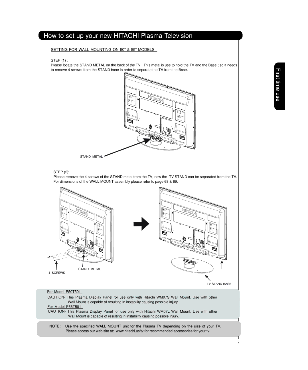 Hitachi P55T501 important safety instructions Setting for Wall Mounting on 50 & 55 Models, Step 